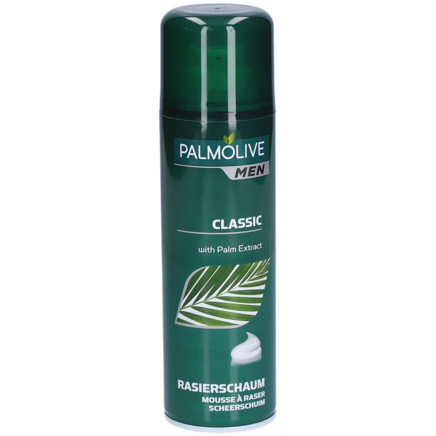 Groene bus Palmolive Men Classic scheerschuim. Tekst: Classic, met palmolie-extract, scheerschuim, Mousse à raser.