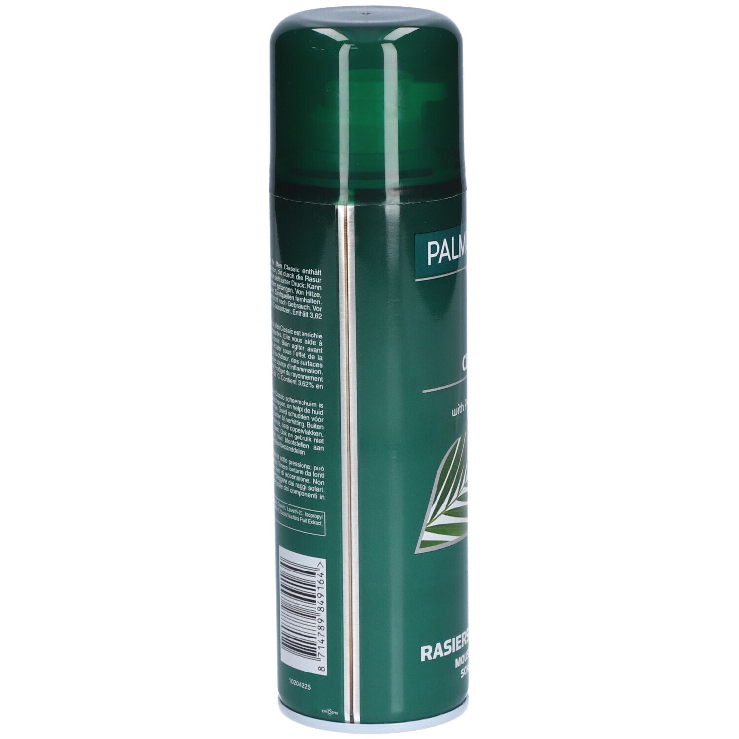 Groene bus Palmolive Men Classic scheerschuim. Streepjescode en tekst op de zijkant. Tekst: Scheerschuim, Mousse à raser.