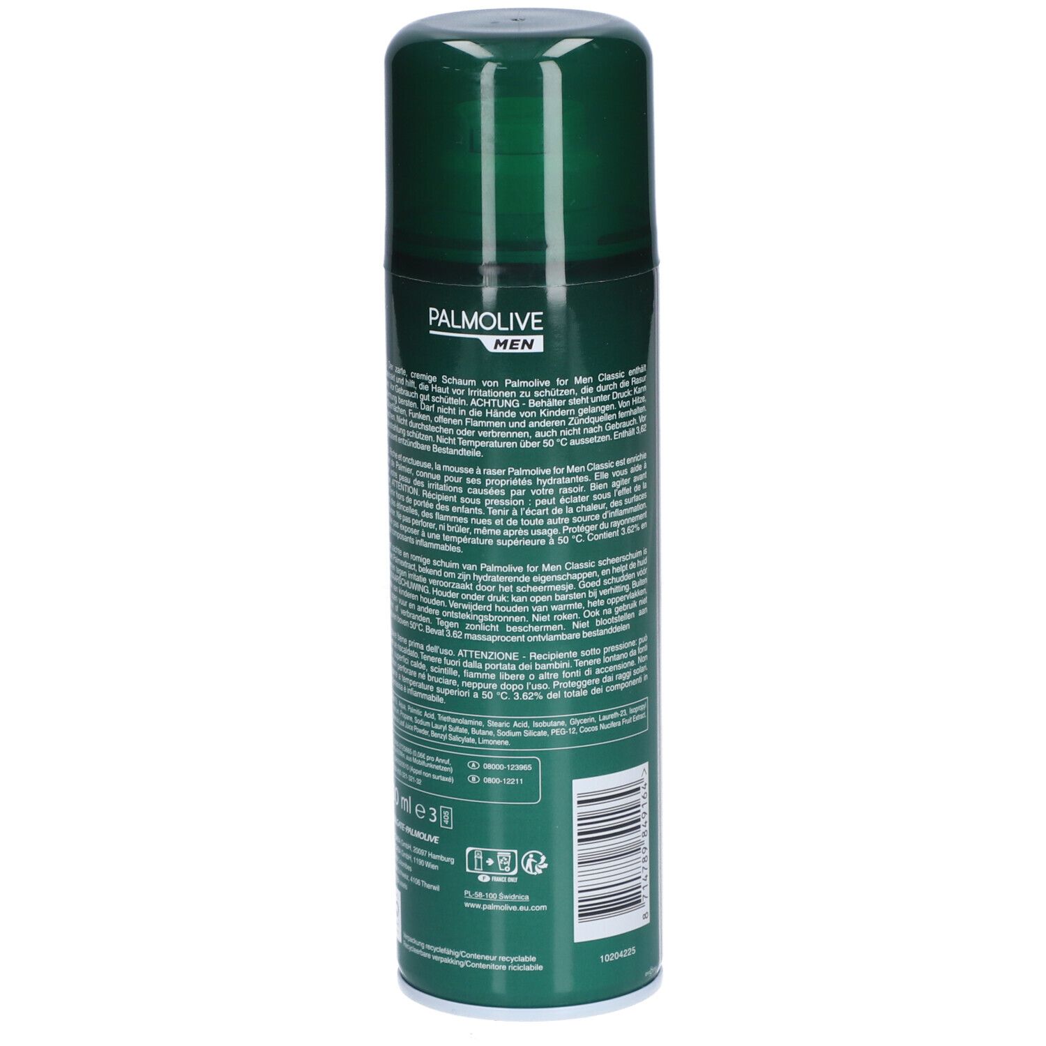 Groene bus Palmolive Men Classic scheerschuim. Tekst op de achterkant. Tekst: Scheerschuim, Mousse à raser.