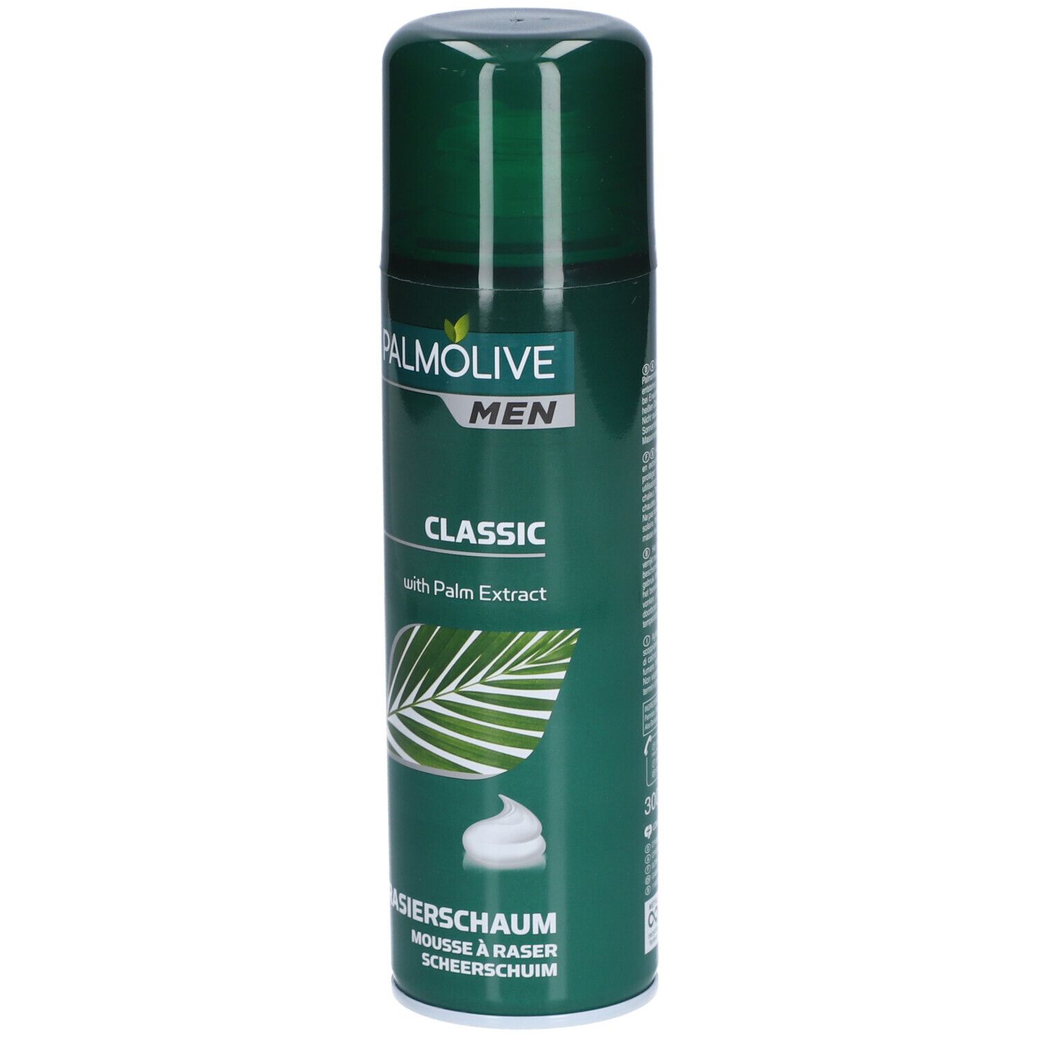 Groene bus Palmolive Men Classic scheerschuim. Tekst: Classic, met palmolie-extract, scheerschuim, Mousse à raser.