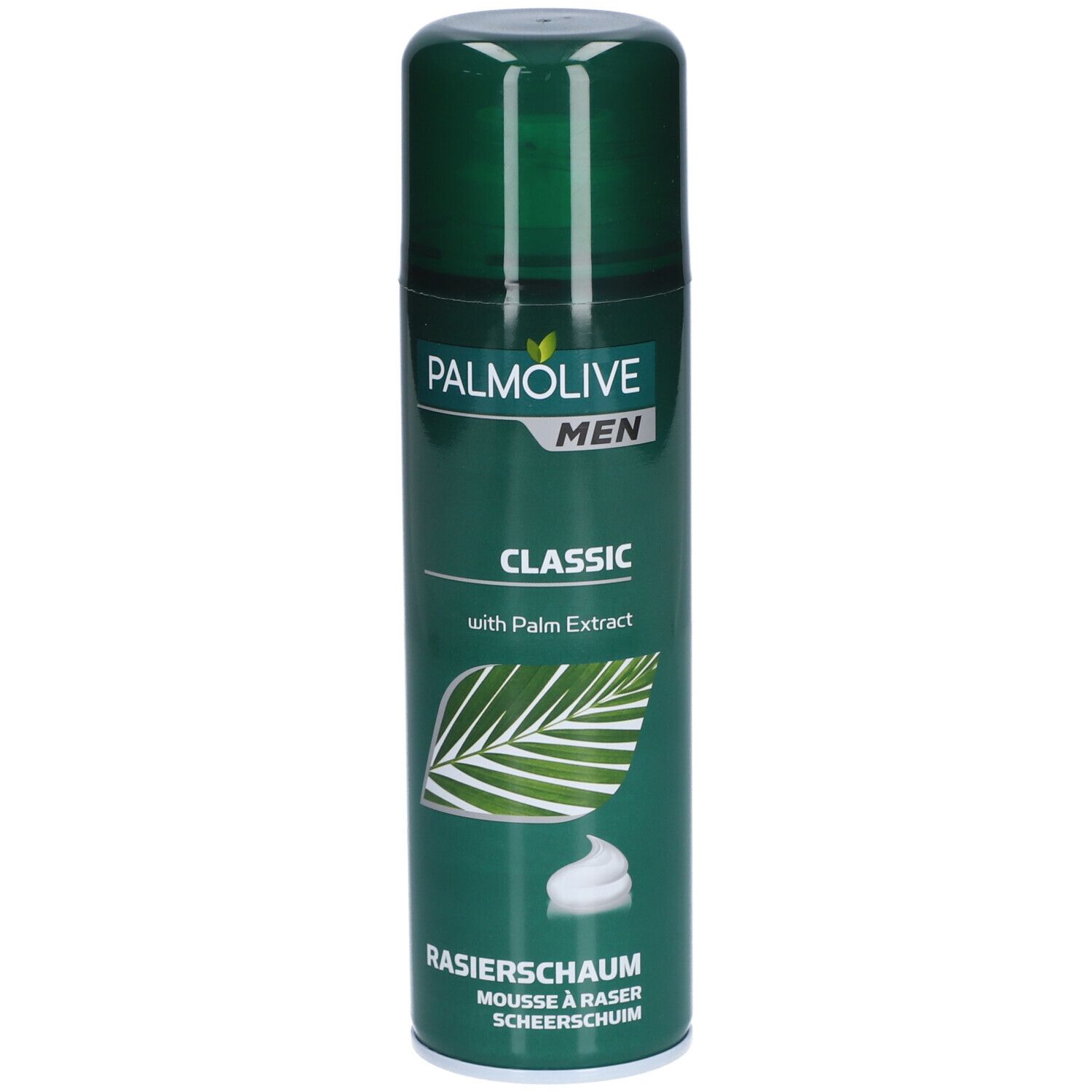 Groene bus Palmolive Men Classic scheerschuim. Tekst: Classic, met palmolie-extract, scheerschuim, Mousse à raser.