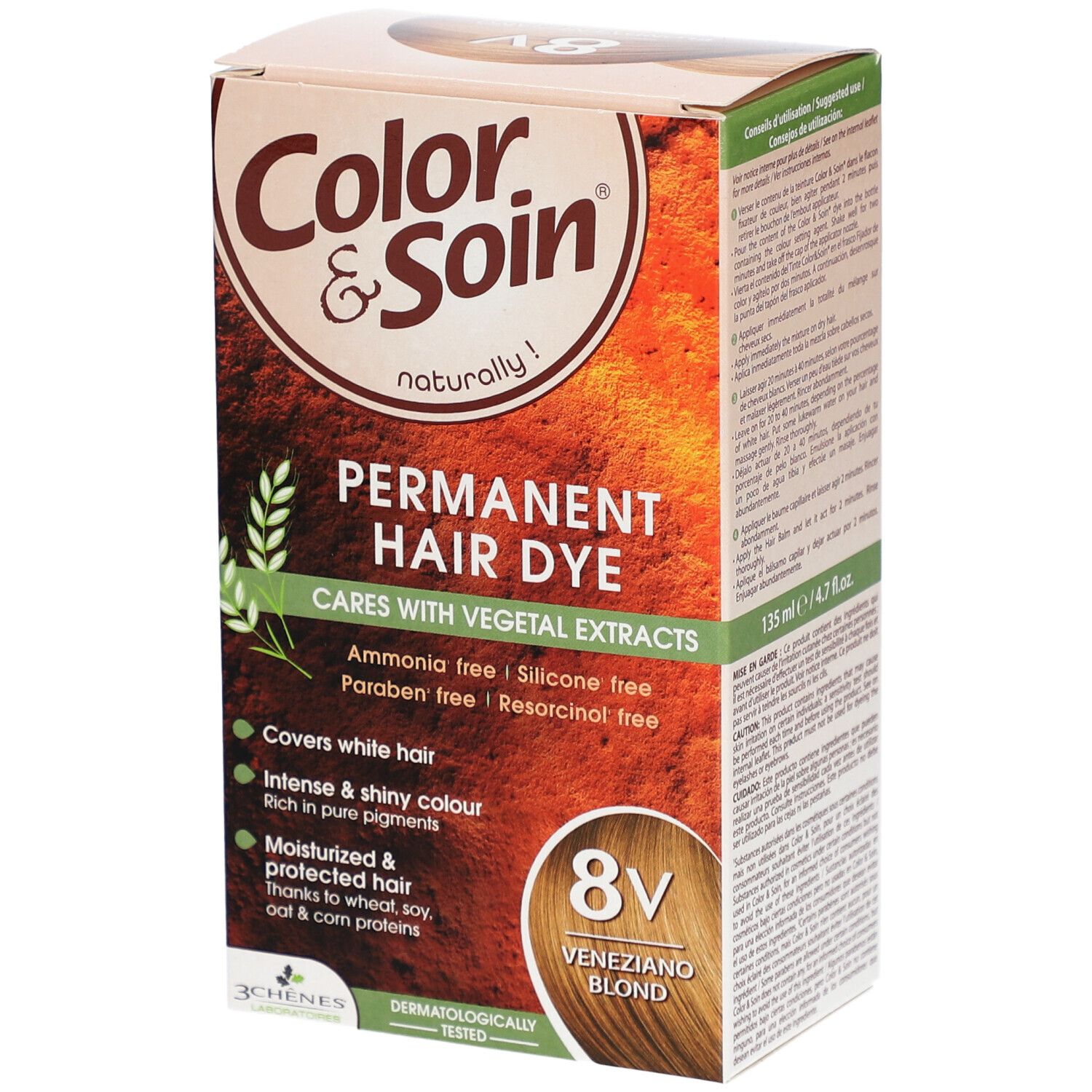 Boîte de coloration capillaire. Inscription : Color & Soin, Permanent Hair Dye, 8V Blond Vénitien. Sans ammoniaque, silicone, parabène et résorcine.