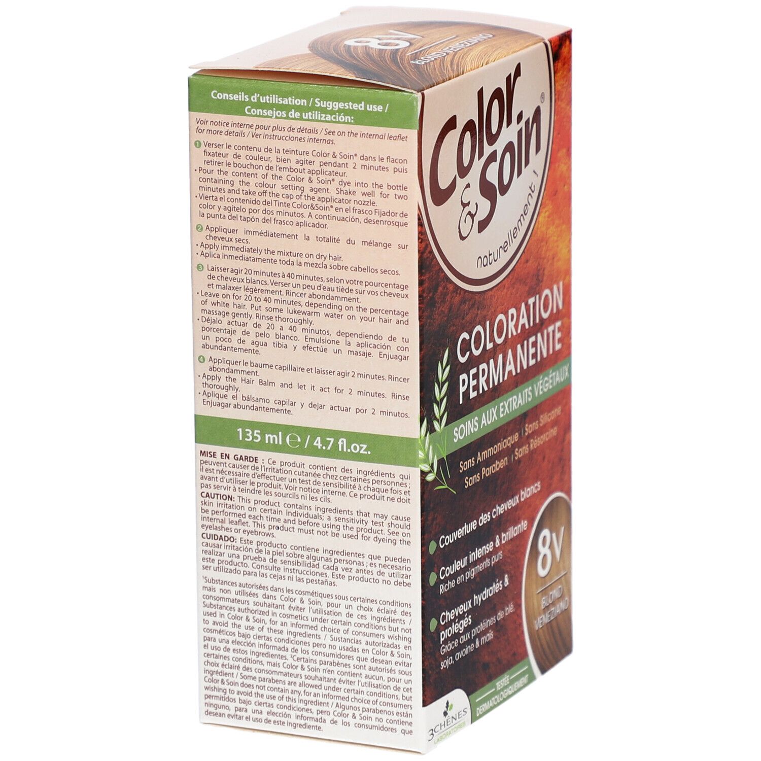 Boîte de coloration capillaire. Inscription : Coloration Permanente, 8V Blond Vénitien. Mode d'emploi. Sans ammoniaque, silicone, parabène et résorcine.