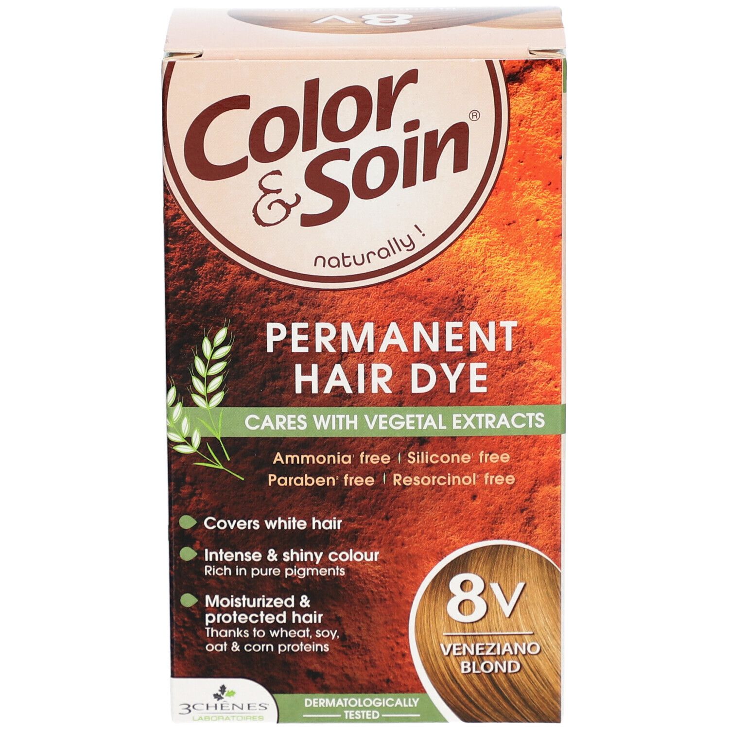 Boîte de coloration capillaire. Inscription : Color & Soin, Permanent Hair Dye, 8V Blond Vénitien. Sans ammoniaque, silicone, parabène et résorcine.