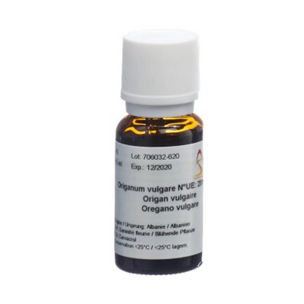 Bruine glazen fles met witte dop. Etiket met tekst: Origanum vulgare, lotnummer, vervaldatum. Productweergave.