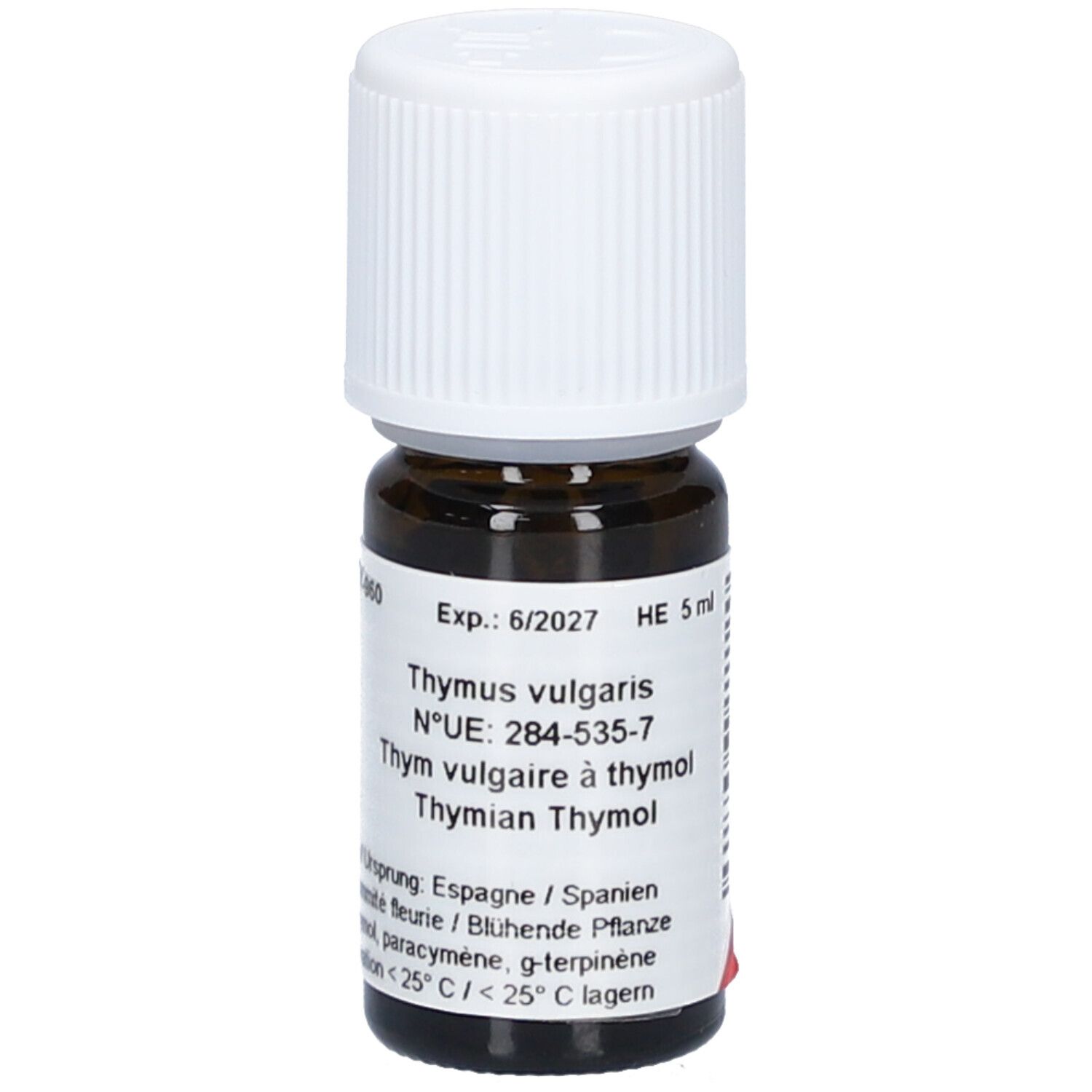 Bruine glazen fles met witte dop. Etiket met tekst: Thymus vulgaris, Exp. 6/2027, HE 5 ml.