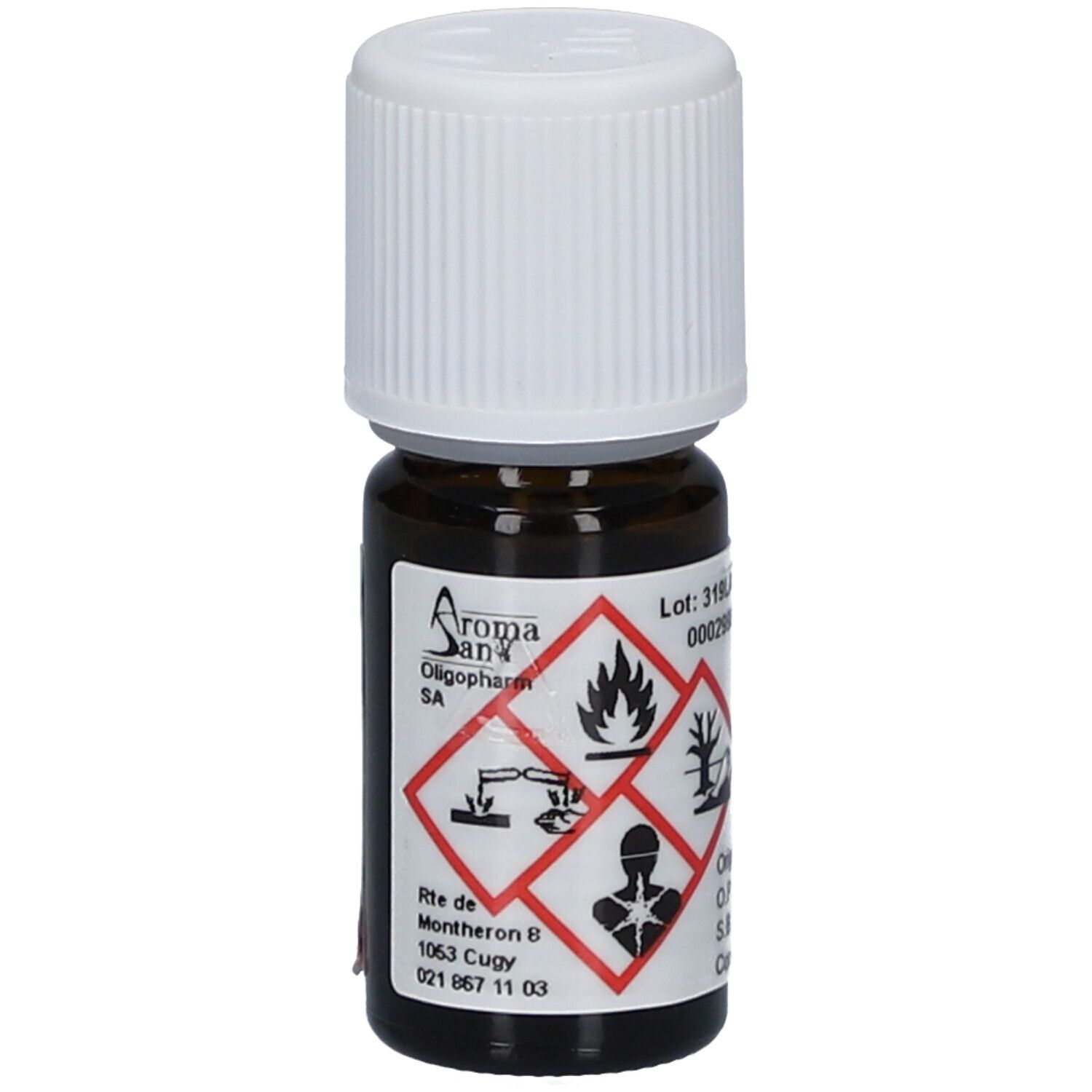 Bruine glazen fles met witte dop. Etiket met logo Aromasan en gevaarsymbolen.