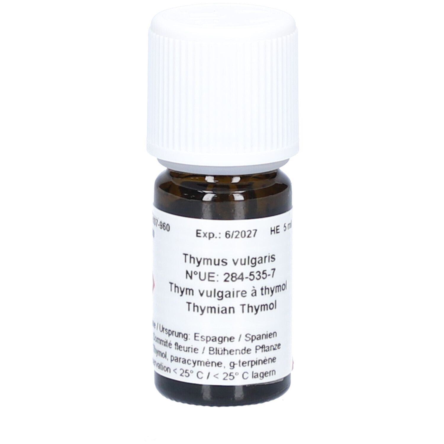 Bruine glazen fles met witte dop. Etiket met tekst: Thymus vulgaris, Exp. 6/2027, HE 5 ml.