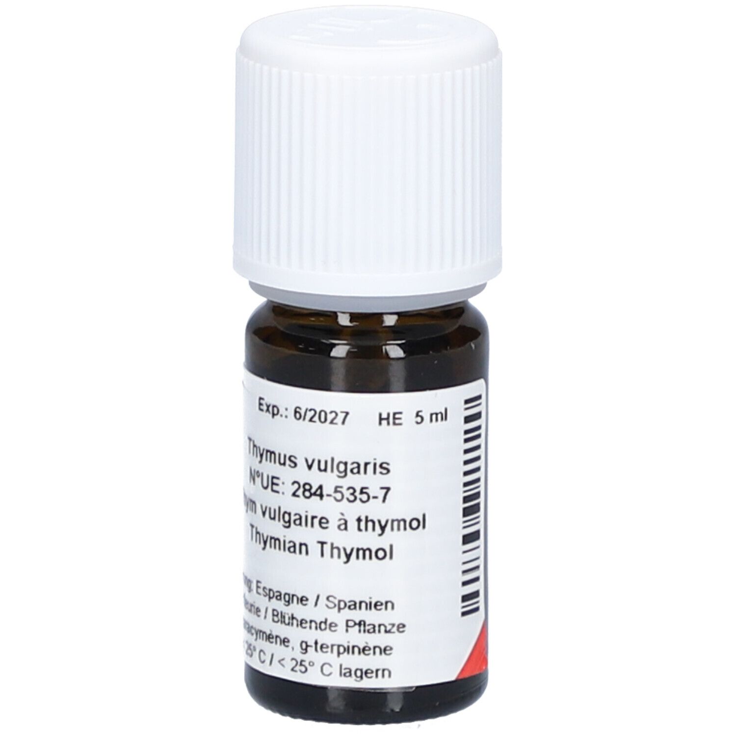 Bruine glazen fles met witte dop. Etiket met tekst: Thymus vulgaris, Exp. 6/2027, HE 5 ml.