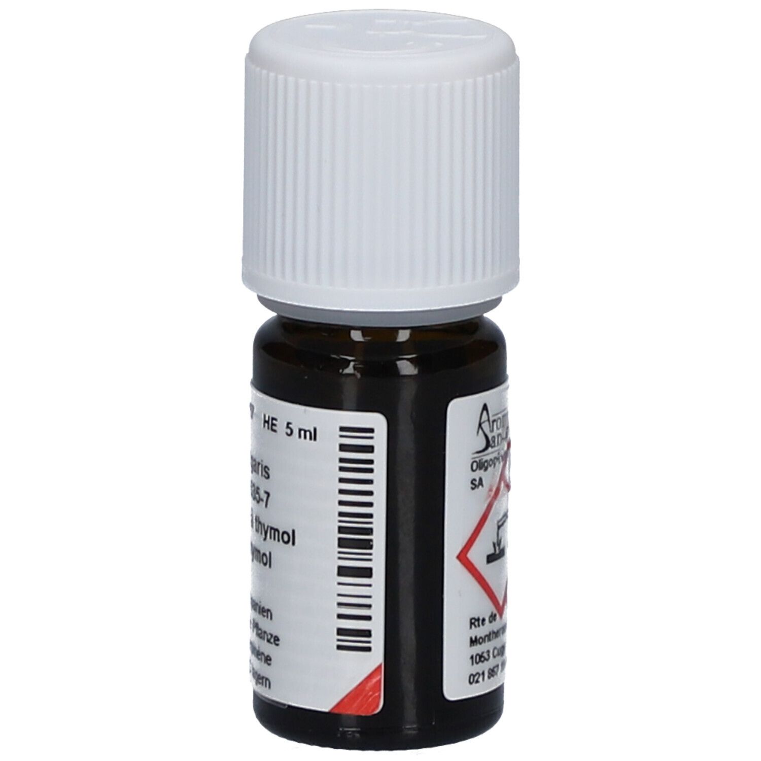 Bruine glazen fles met witte dop. Etiket met logo Aromasan en gevaarsymbool.