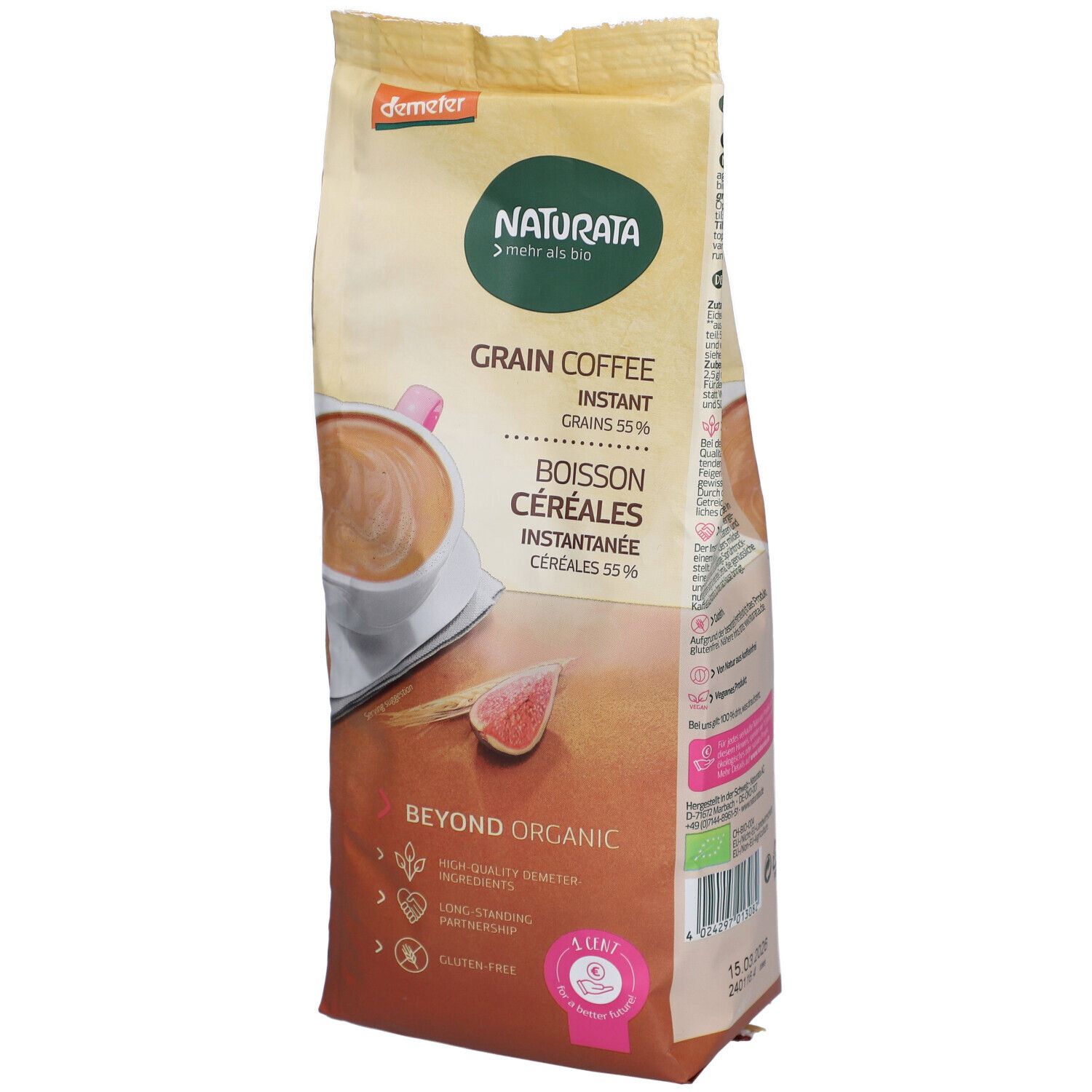 Naturata Café de céréales, Instantané, sachet 200g. Certifié Demeter et Bio. Avec tasse de café et figue.