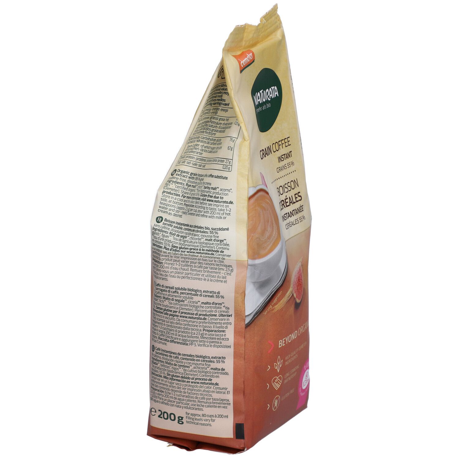 Naturata Café de céréales, Instantané, sachet 200g. Dos avec informations nutritionnelles et labels Bio.