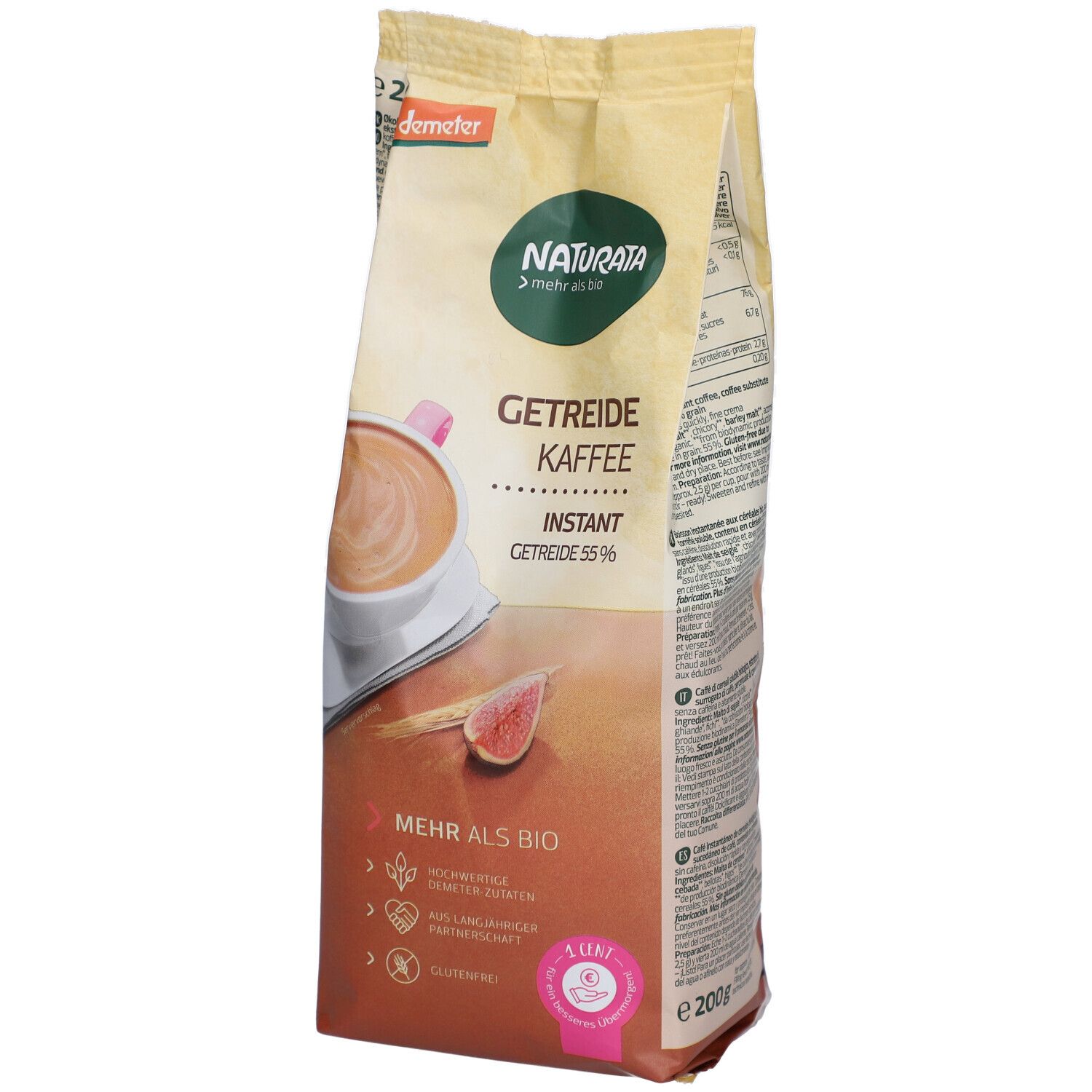 Naturata Café de céréales, Instantané, sachet 200g. Certifié Demeter et Bio. Avec tasse de café et figue.