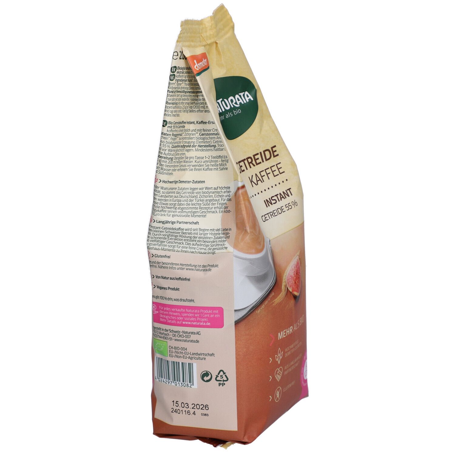 Naturata Café de céréales, Instantané, sachet 200g. Dos avec informations nutritionnelles et labels Bio.