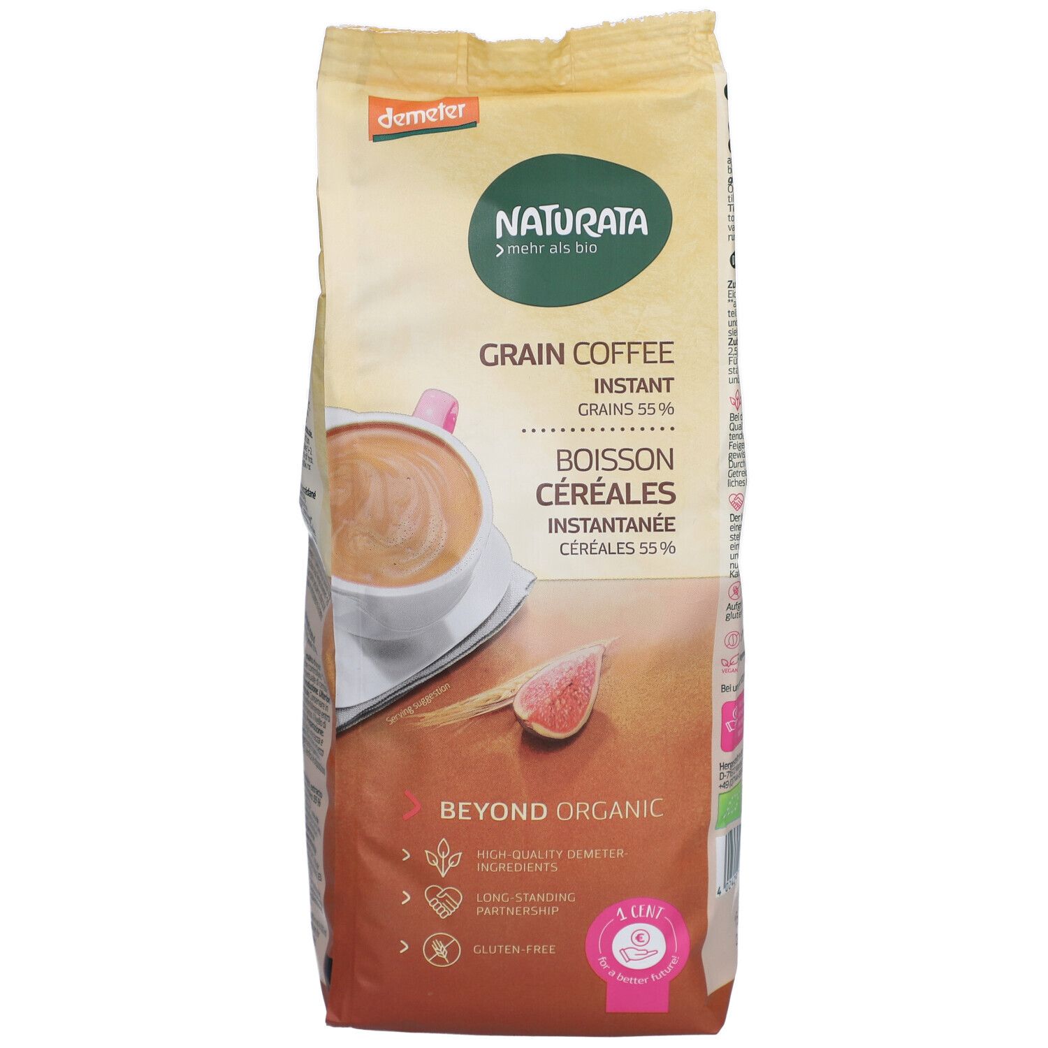 Naturata Café de céréales, Instantané, sachet 200g. Certifié Demeter et Bio. Avec tasse de café et figue.