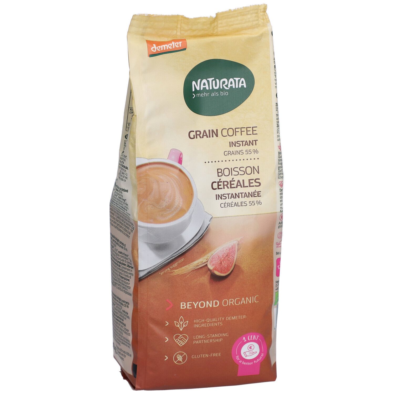 Naturata Café de céréales, Instantané, sachet 200g. Certifié Demeter et Bio. Avec tasse de café et figue.