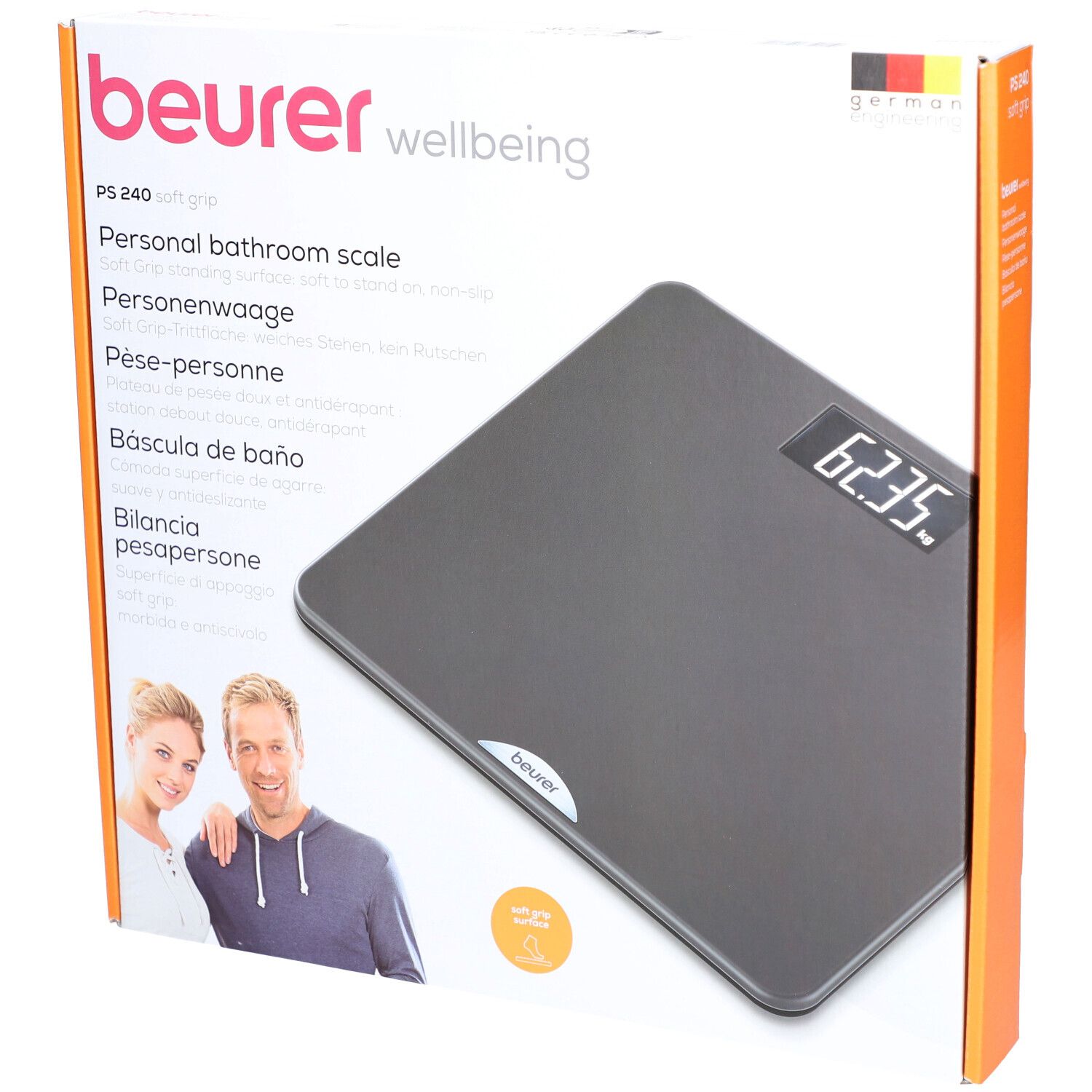 Verpakking van de weegschaal. Merk: beurer. Model: PS 240 Soft Grip. Grijze weegschaal met digitale display. Duitse vlag.
