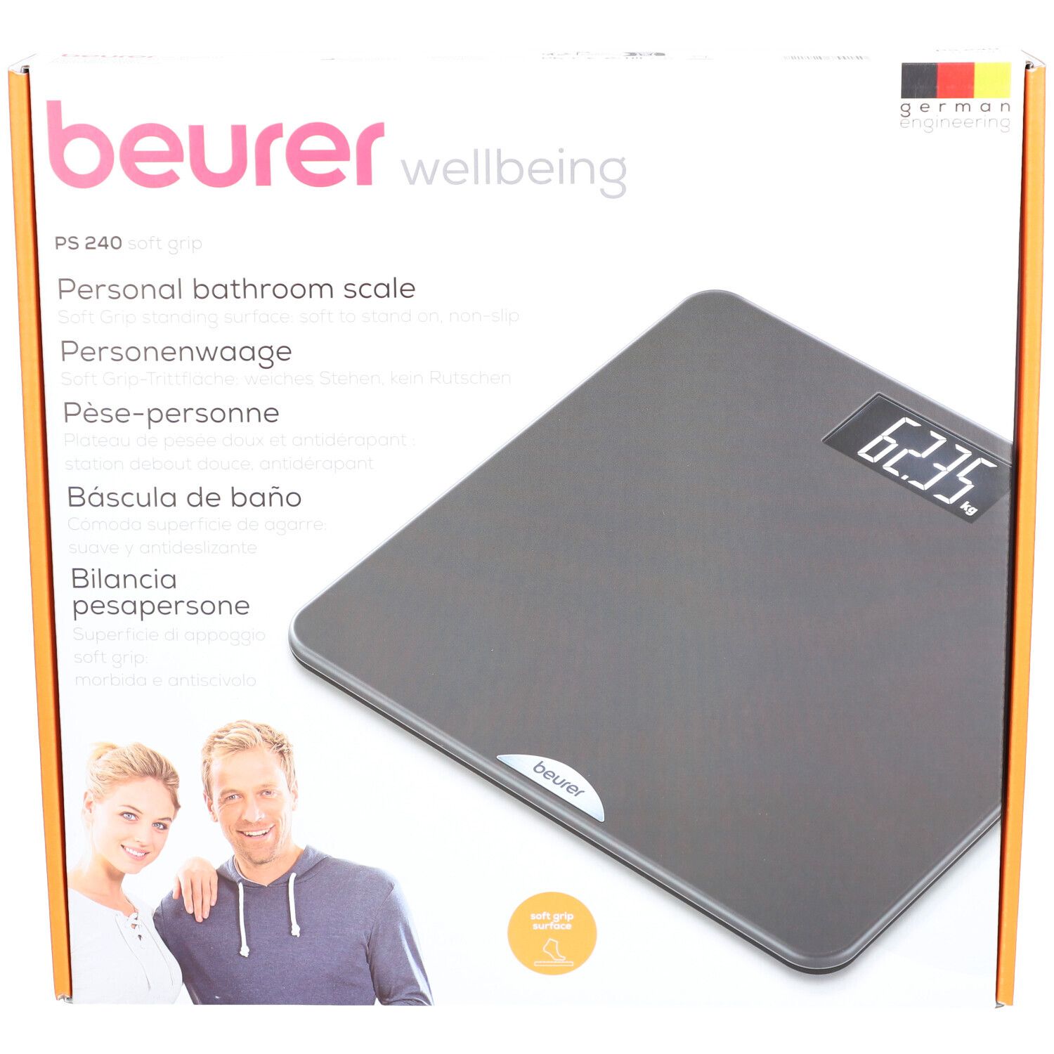Verpakking van de weegschaal. Merk: beurer. Model: PS 240 Soft Grip. Grijze weegschaal met digitale display.