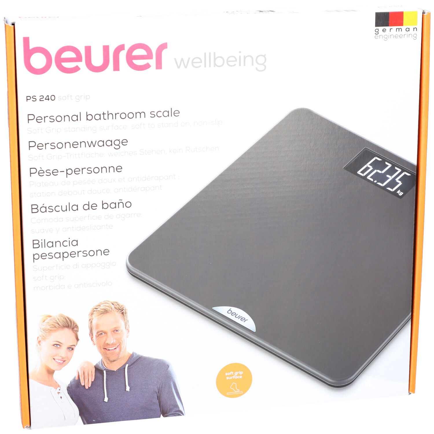 Verpakking van de weegschaal. Merk: beurer. Model: PS 240 Soft Grip. Grijze weegschaal met digitale display.