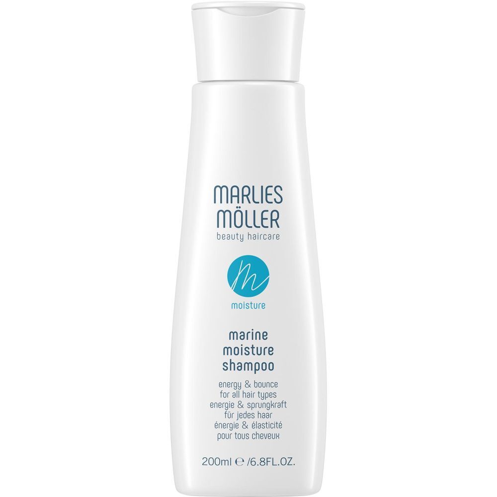 Witte fles met blauwe shampoo. Opschrift: Marlies Möller, Marine Moisture Shampoo. 200ml.