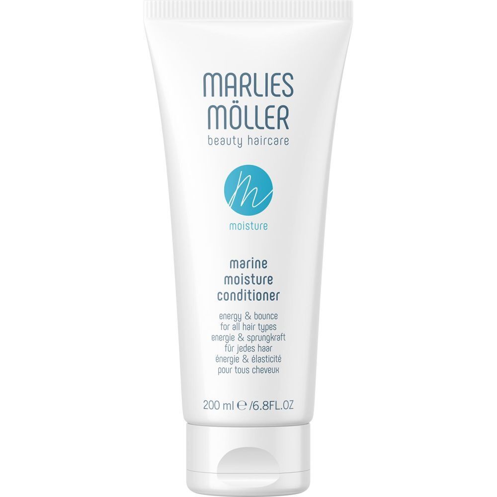 Tube blanche avec texte bleu. Contient Marine Moisture Conditioner. Marque: Marlies Möller.