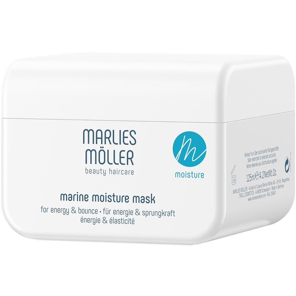 Witte pot met blauwe tekst. Marlies Möller Marine Moisture Mask. Tekst in het Duits, Engels en Frans.