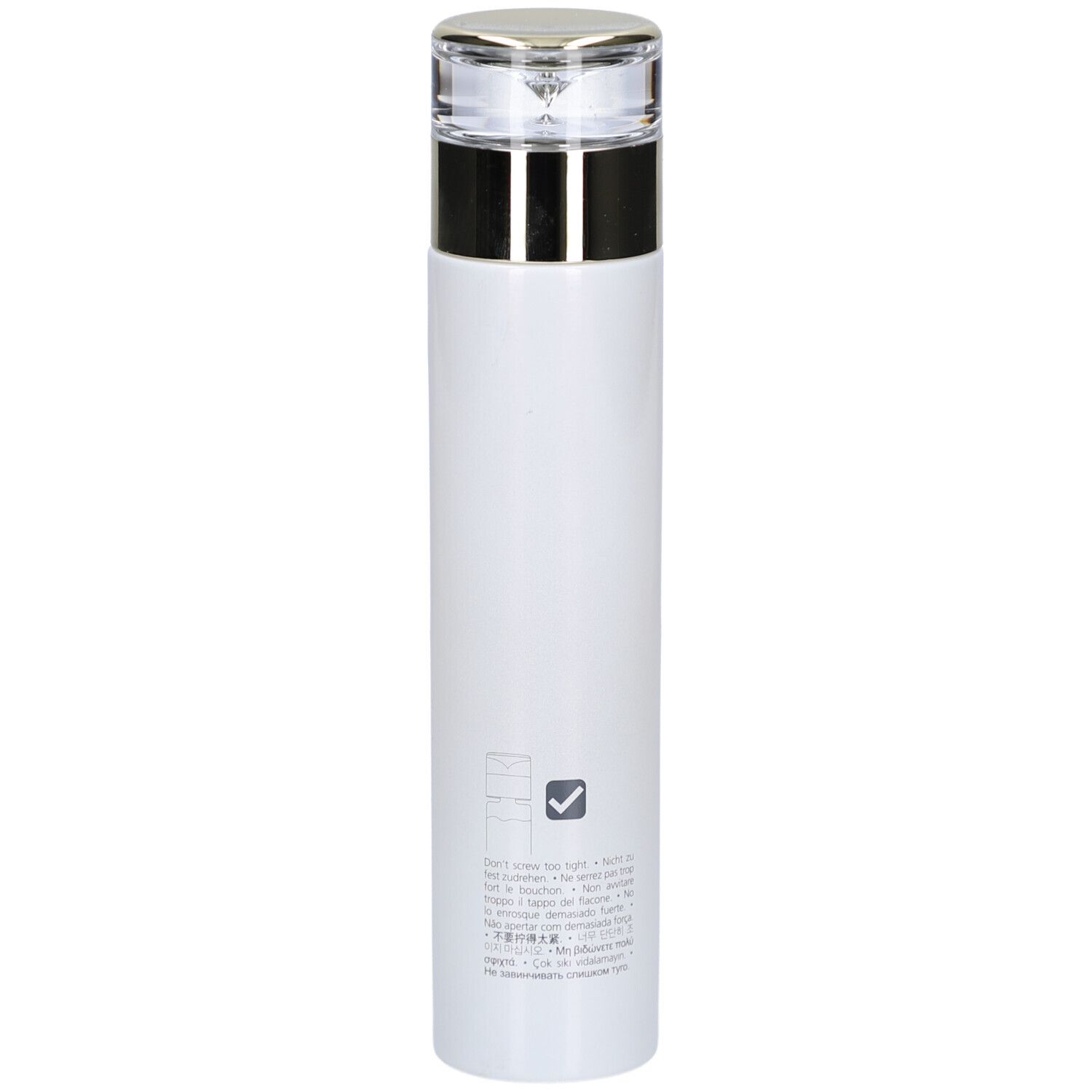 Flacon blanc avec bouchon doré. Inscription: Juvena, Miracle Boost Essence. Avec texte et symboles.