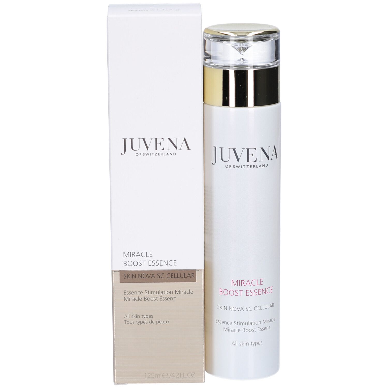 Flacon et emballage. Inscription: Juvena, Miracle Boost Essence. Pour tous types de peau. 125 ml.
