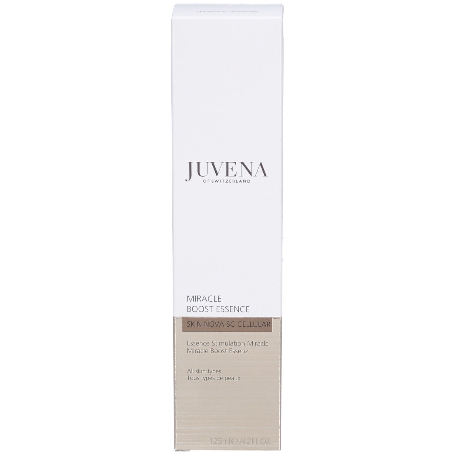 Emballage du produit. Inscription: Juvena, Miracle Boost Essence. Pour tous types de peau. 125 ml.