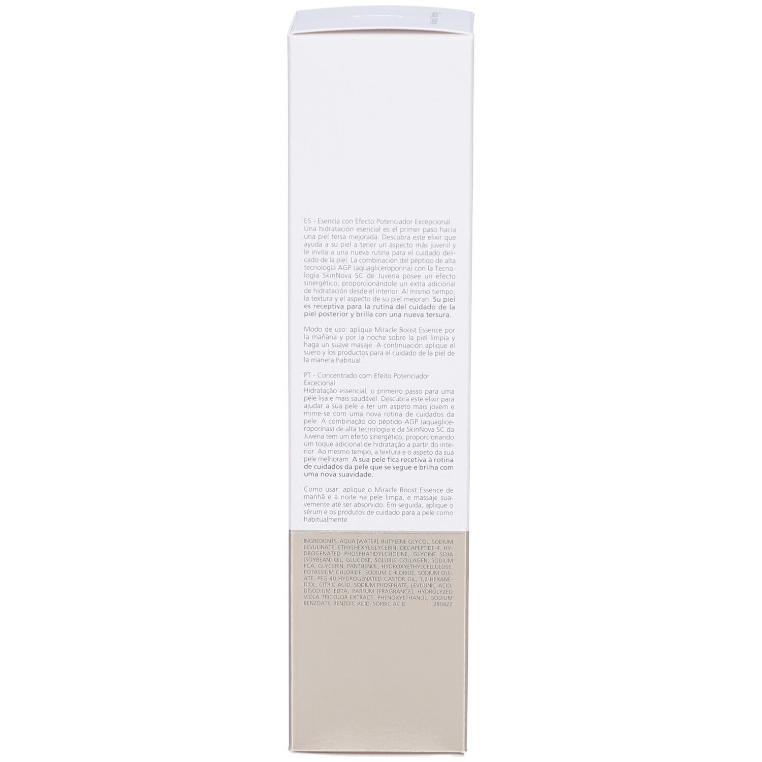 Emballage du produit. Texte en plusieurs langues. Inscription: Juvena, Miracle Boost Essence. Pour tous types de peau.