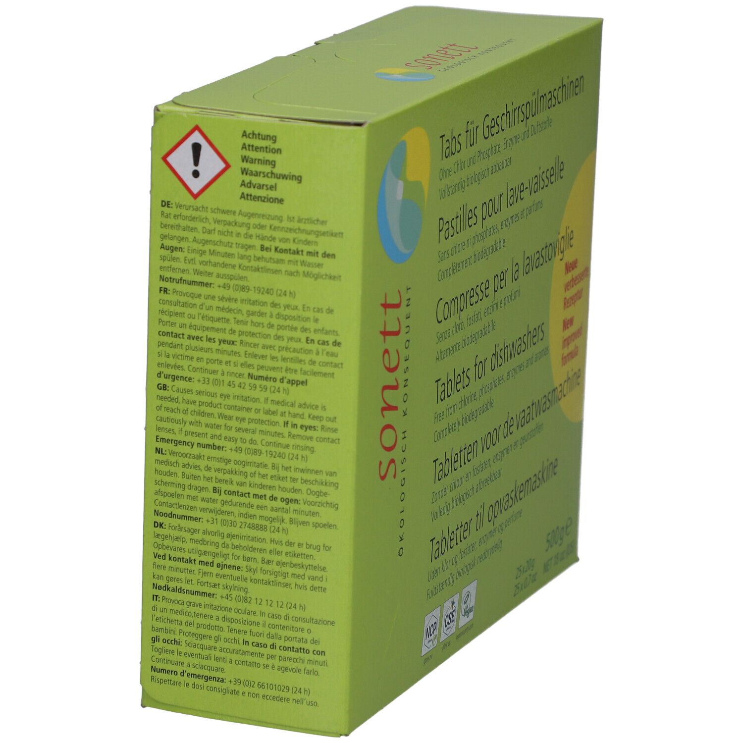 Boîte verte Sonett. Pastilles lave-vaisselle. Avertissement, informations de contact. Vue latérale.