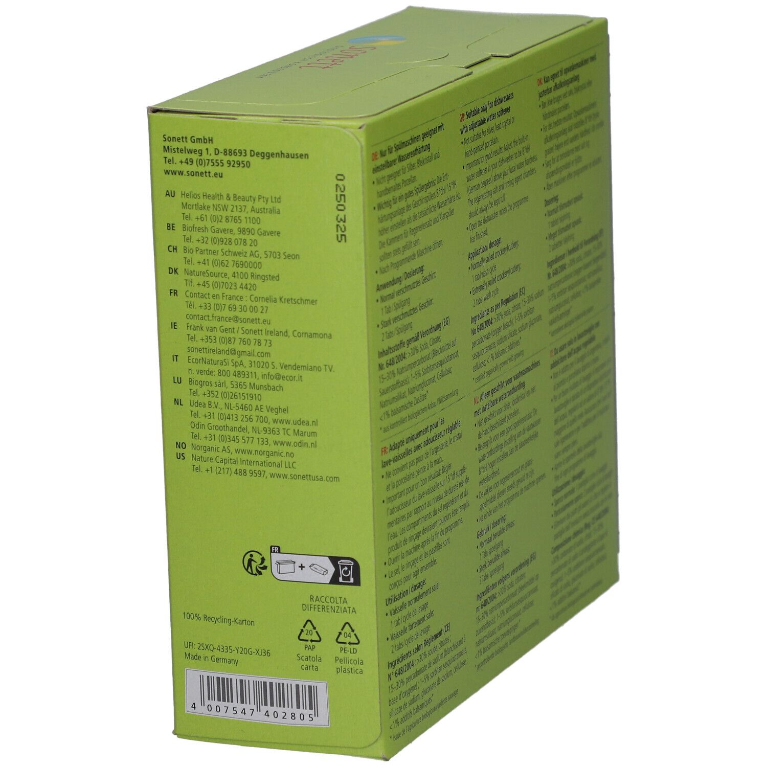 Boîte verte Sonett. Symbole de recyclage, adresse du fabricant. Vue latérale.