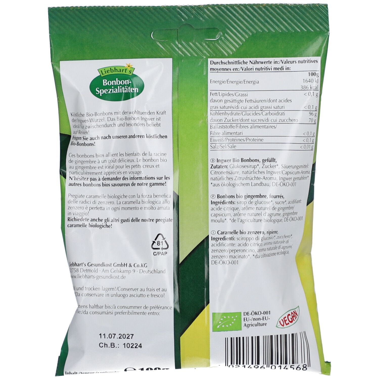 Arrière de l'emballage avec informations nutritionnelles et label bio. Contient des bonbons au gingembre.