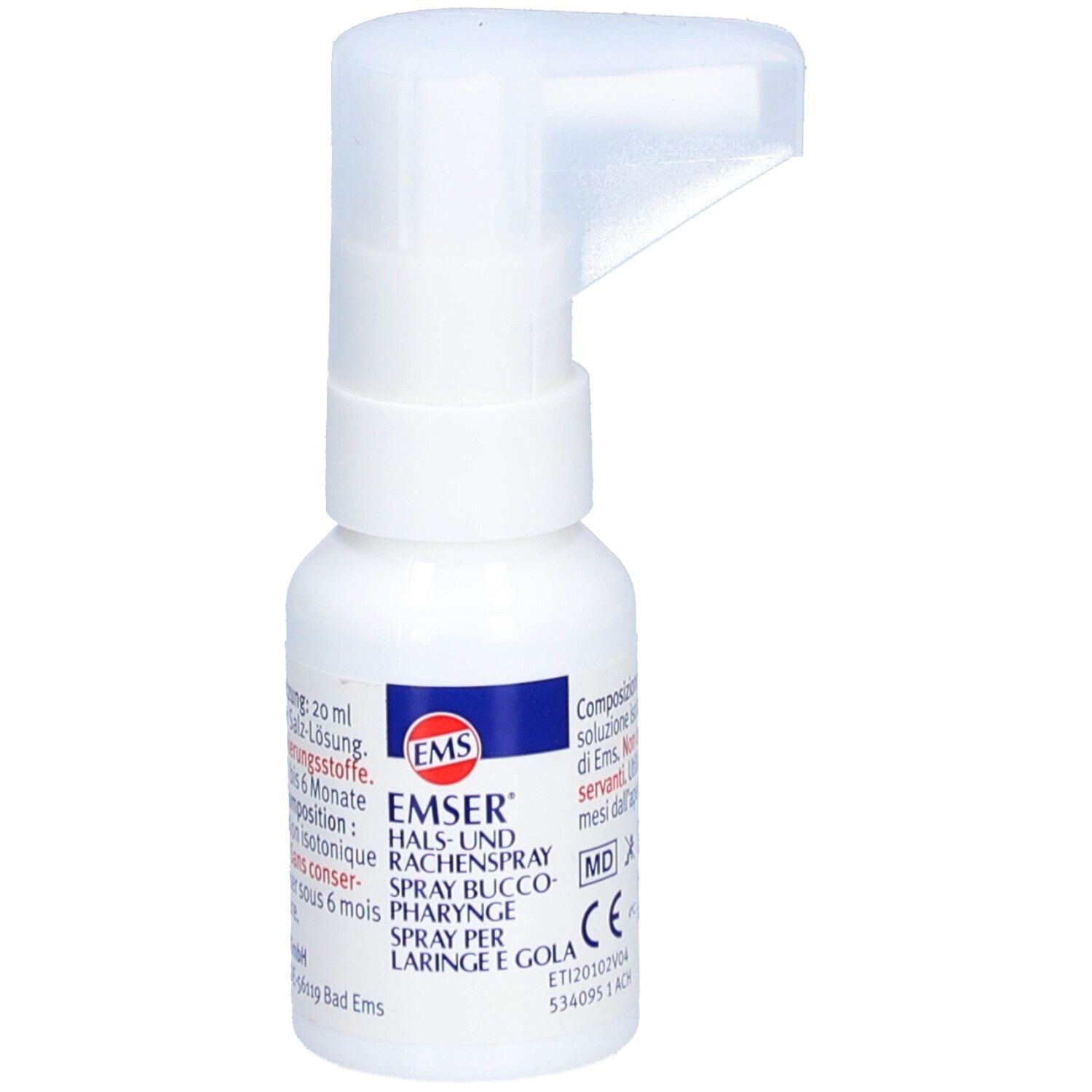 Flacon pulvérisateur blanc avec tête de pulvérisation. Inscription : EMSER Spray pour la gorge et le pharynx. Marquage CE.