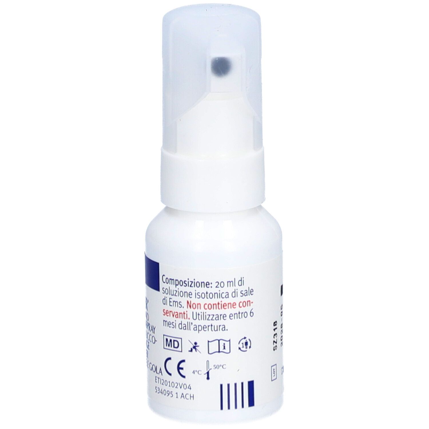 Flacon pulvérisateur blanc. Inscription : Composition, solution saline isotonique. Marquage CE.