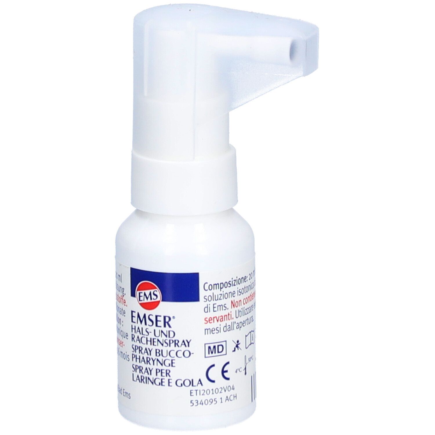 Flacon pulvérisateur blanc avec tête de pulvérisation. Inscription : EMSER Spray pour la gorge et le pharynx.