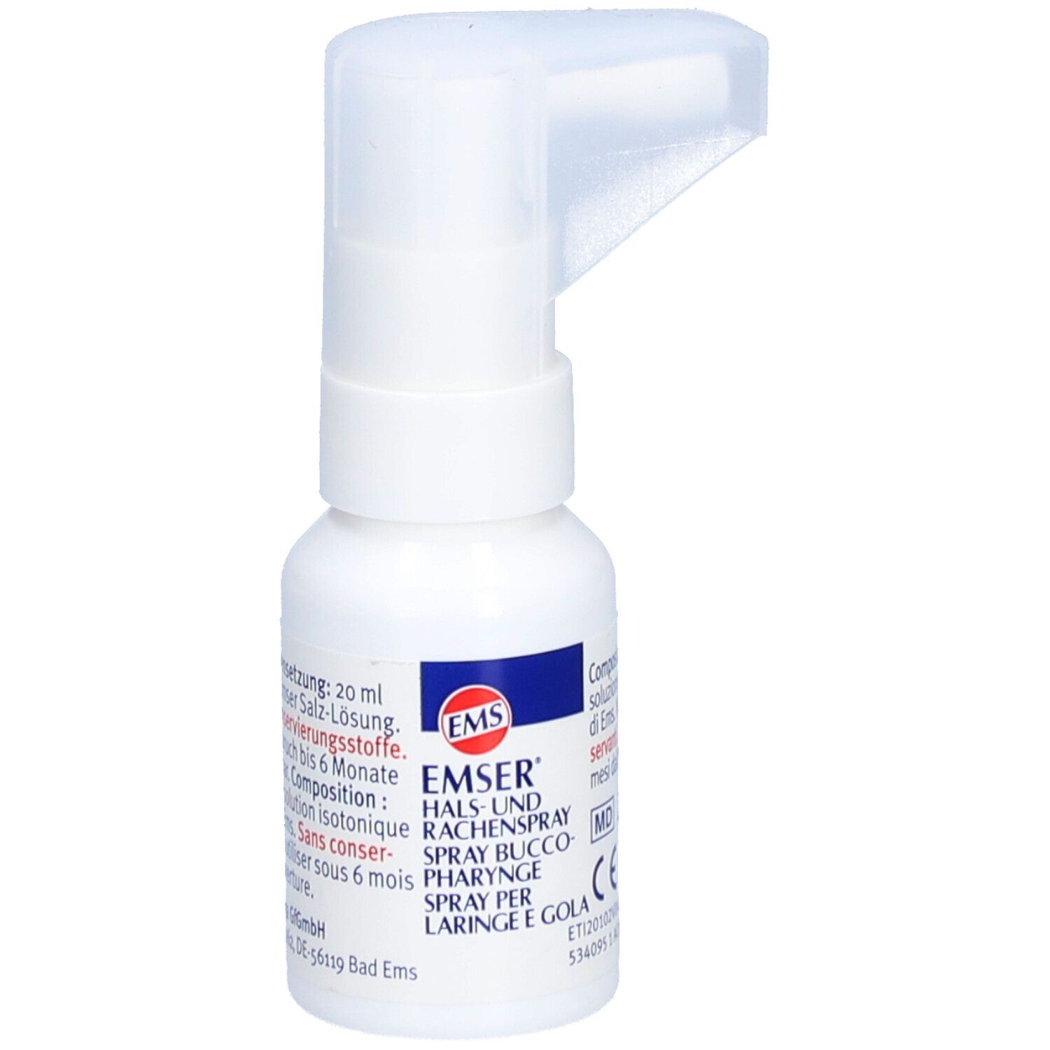 Flacon pulvérisateur blanc avec tête de pulvérisation. Inscription : EMSER Spray pour la gorge et le pharynx. CE.