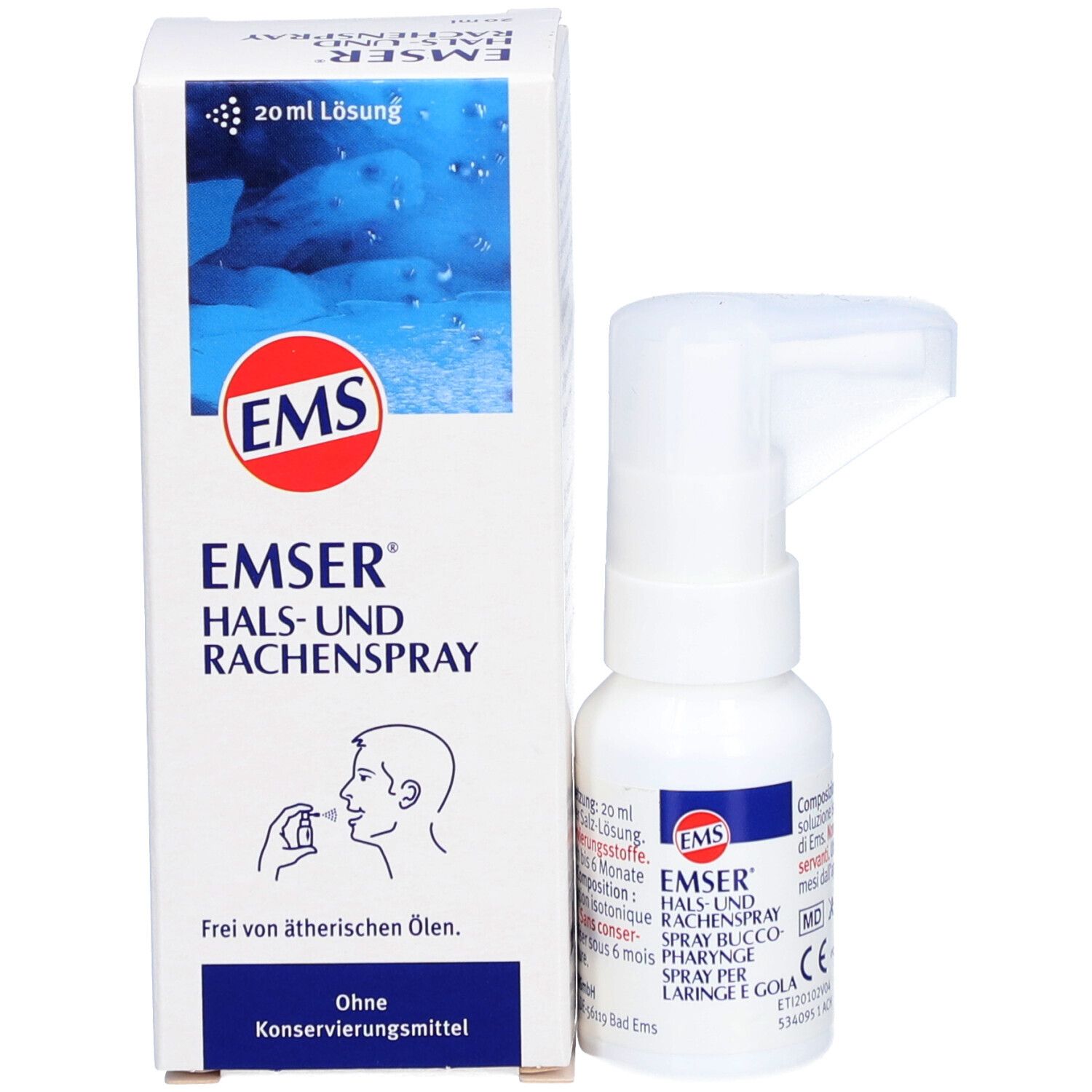 Produit et emballage. Flacon blanc et carton. Inscription : EMSER Spray pour la gorge et le pharynx. Illustration.
