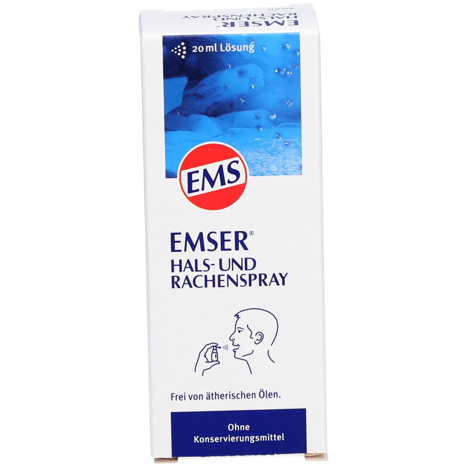 Emballage. Carton blanc. Inscription : EMSER Spray pour la gorge et le pharynx. Illustration.