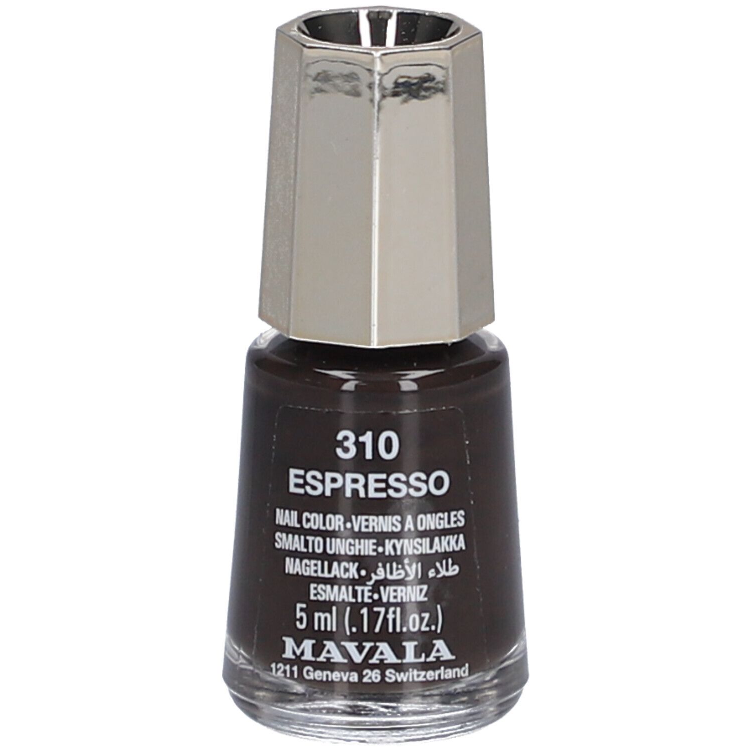 Flacon de vernis à ongles marron, bouchon argenté. Inscription: 310 Espresso, 5 ml, Mavala.