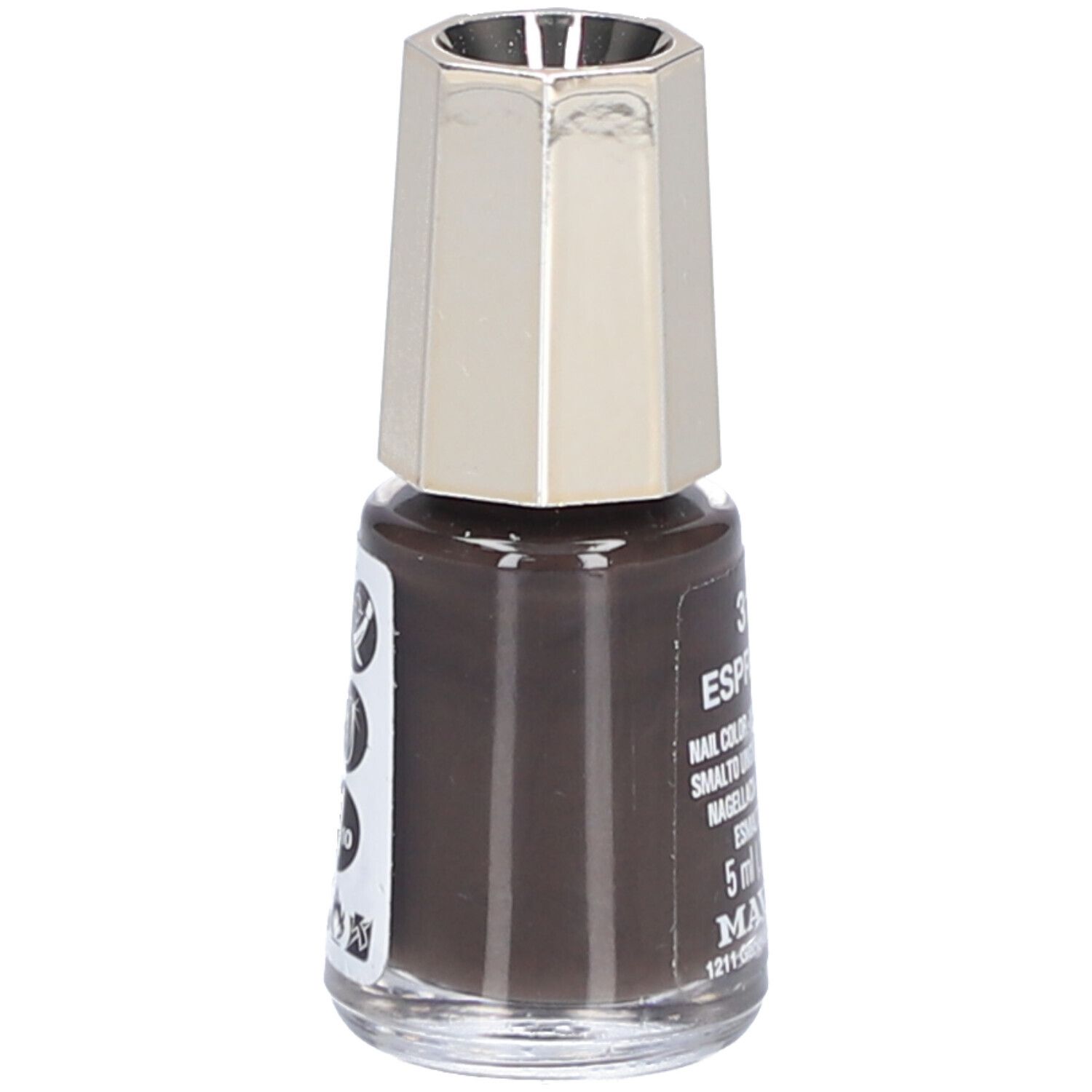 Flacon de vernis à ongles marron, bouchon argenté. Étiquette avec texte et logos.