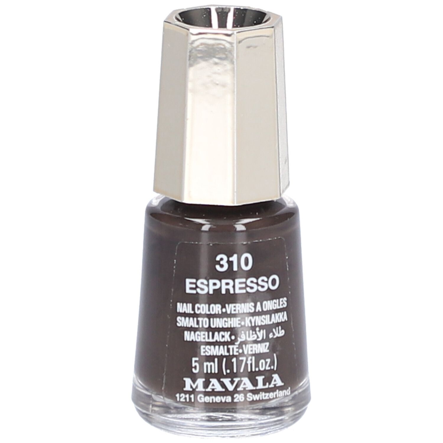 Flacon de vernis à ongles marron, bouchon argenté. Inscription: 310 Espresso, 5 ml, Mavala.