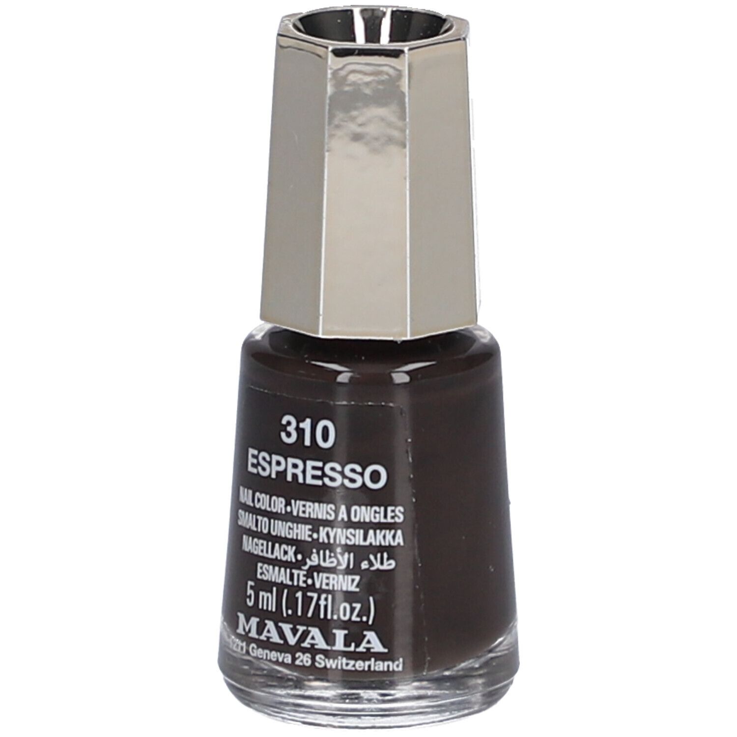 Flacon de vernis à ongles marron, bouchon argenté. Inscription: 310 Espresso, 5 ml, Mavala.