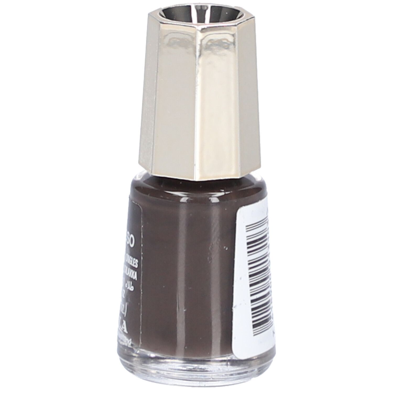 Flacon de vernis à ongles marron, bouchon argenté. Étiquette avec texte et code-barres.