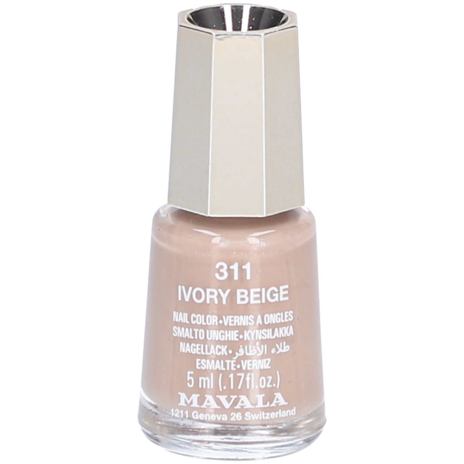 Flacon de vernis à ongles beige ivoire. Bouchon argenté. Inscription : 311 Ivory Beige, 5 ml, Mavala.