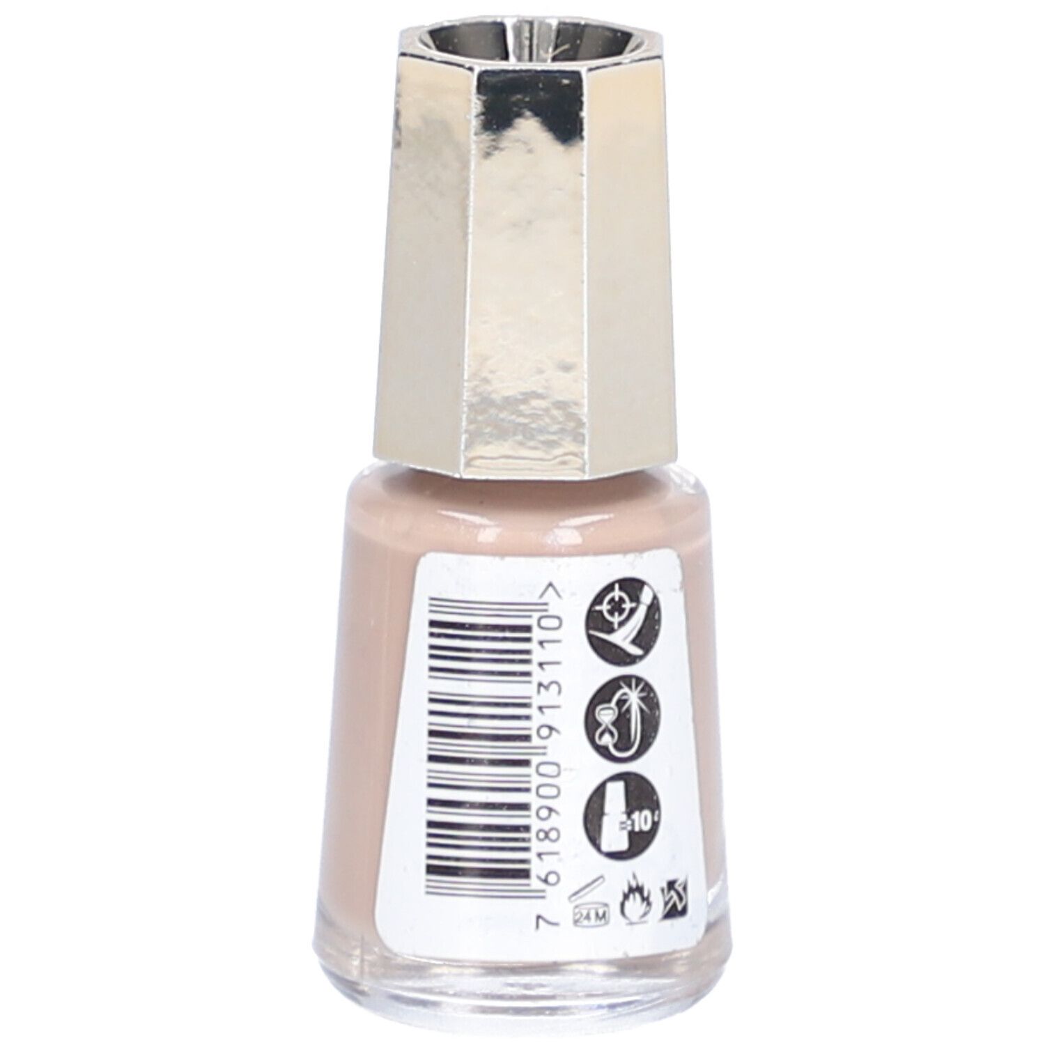 Flacon de vernis à ongles beige ivoire. Bouchon argenté. Dos avec code-barres et symboles.