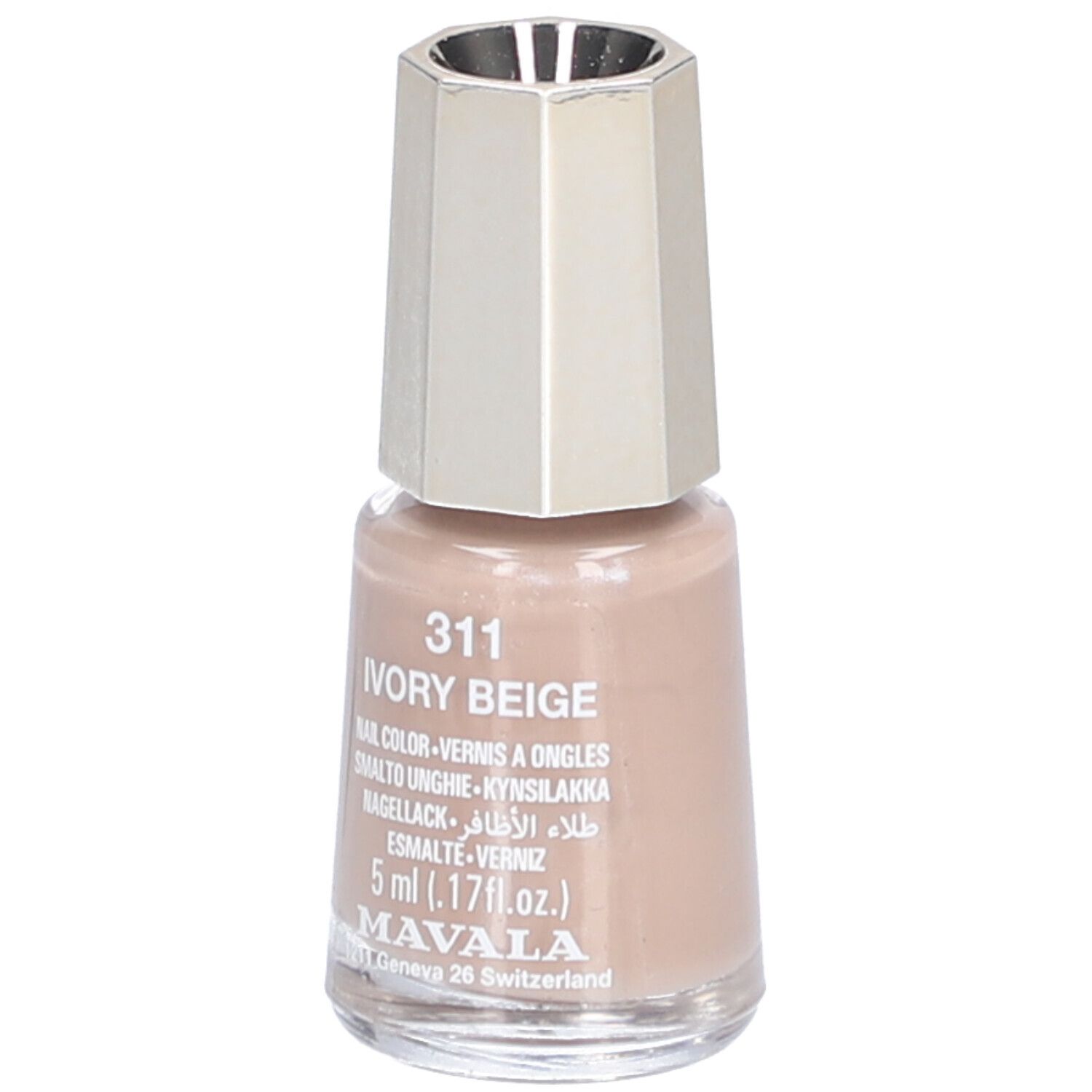 Flacon de vernis à ongles beige ivoire. Bouchon argenté. Inscription : 311 Ivory Beige, 5 ml, Mavala.