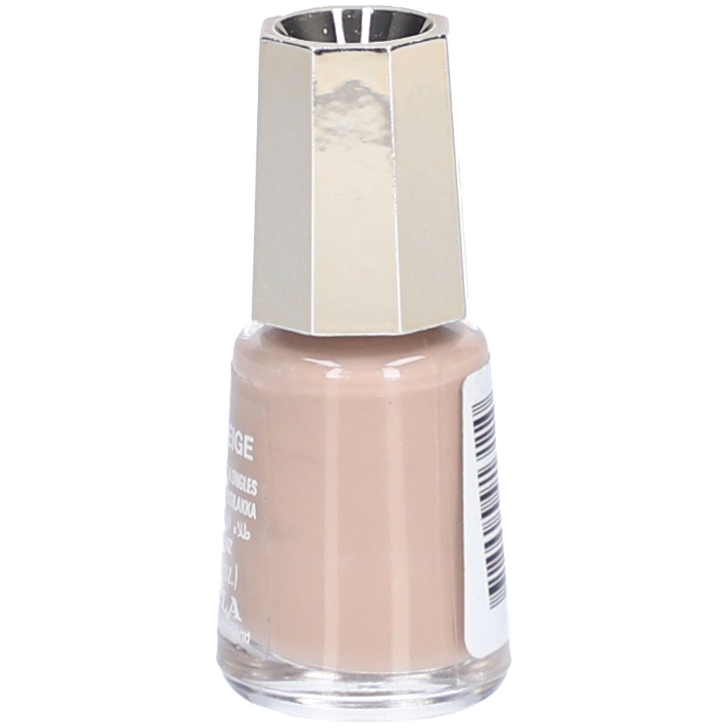 Flacon de vernis à ongles beige ivoire. Bouchon argenté. Dos avec code-barres.