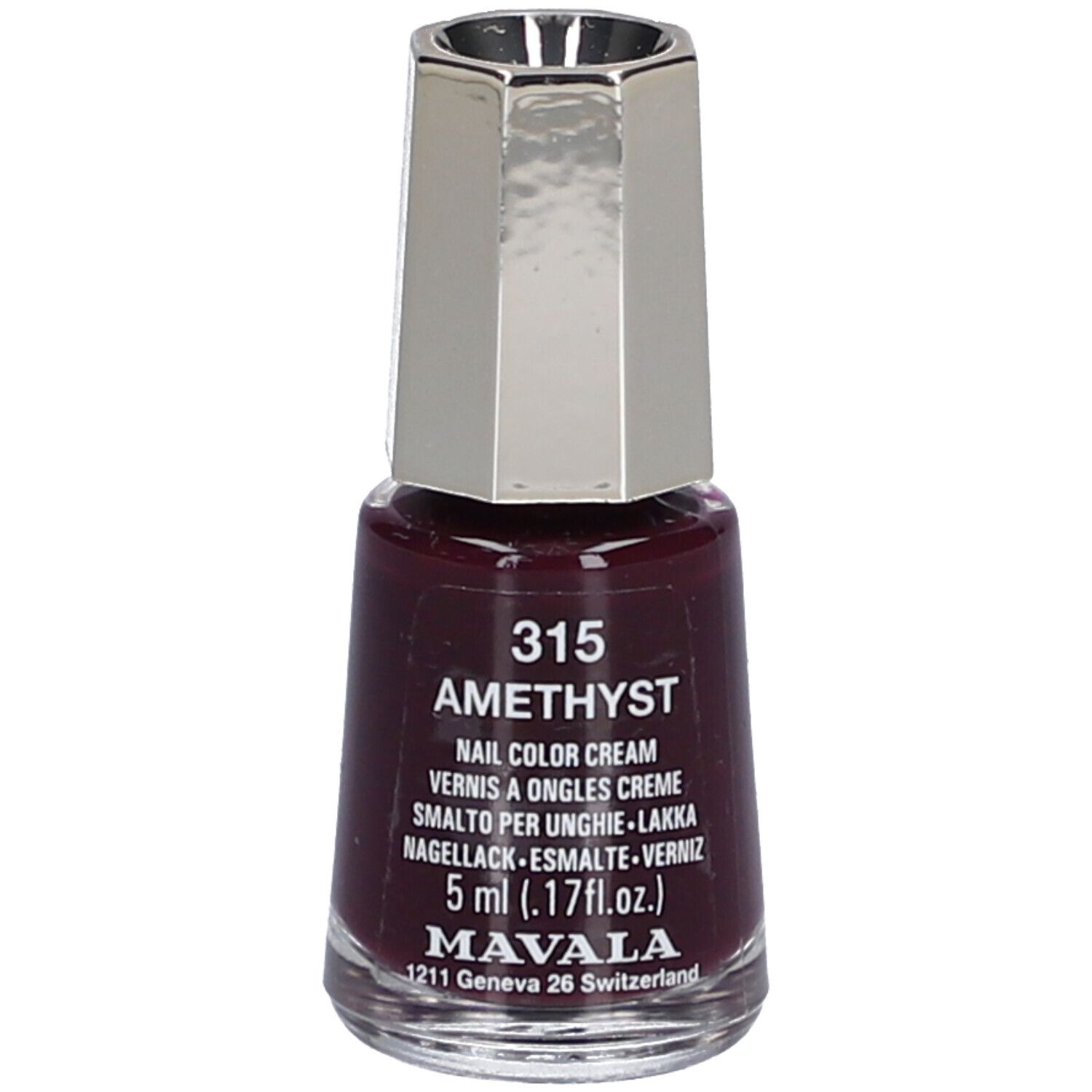 Flacon de vernis à ongles Améthyste Nr. 315. Vernis violet foncé avec bouchon argenté. Texte: Mavala, 5 ml.