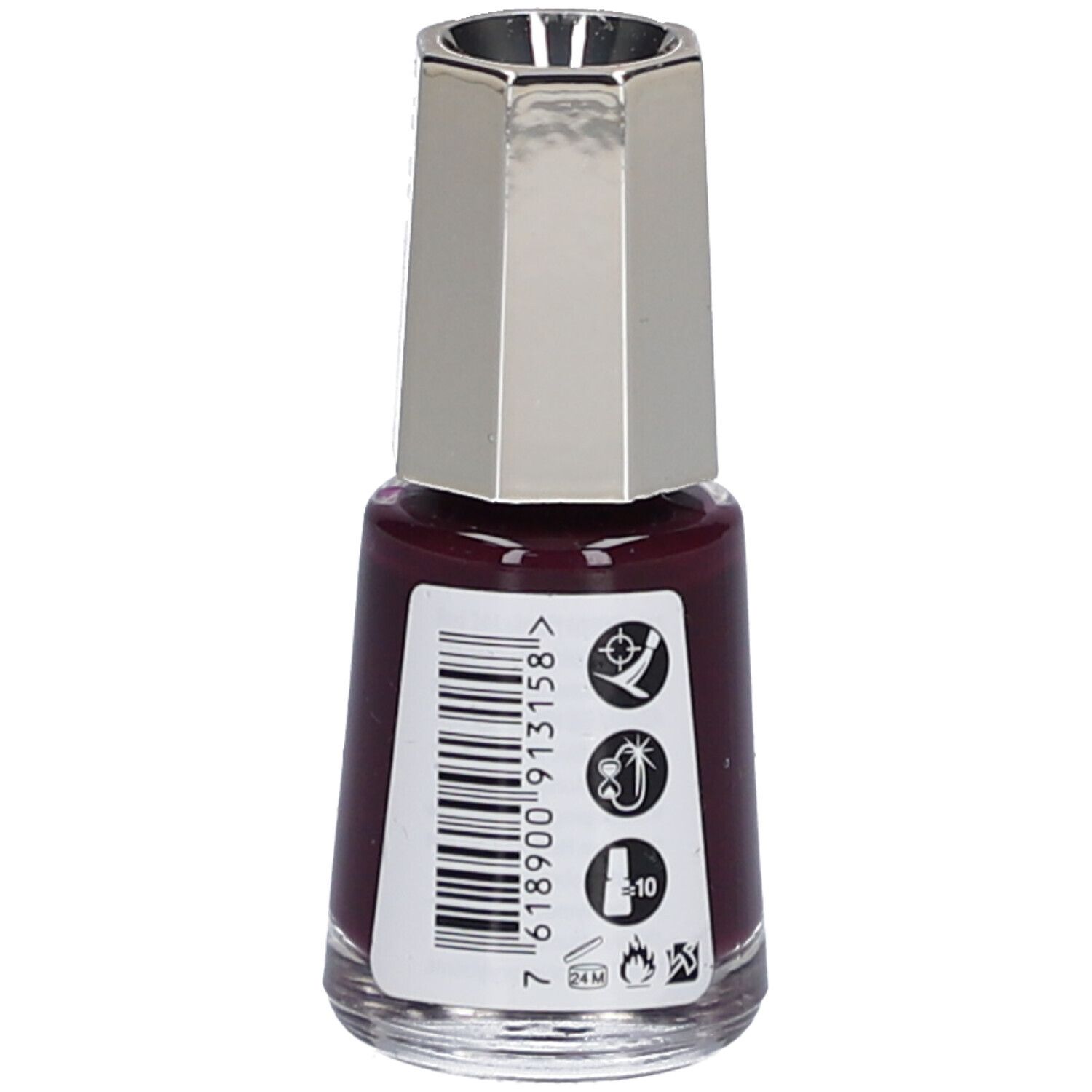Flacon de vernis à ongles Améthyste Nr. 315. Dos avec code-barres et symboles. Bouchon argenté.